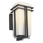 This 1 light wall fixture from the Tremillo(TM) collection offers a smooth, clean profile. Double lines of Black finish form sleek perpendiculars that contrast well with the pleasant ambience of Satin Etched Cased Opal Glass. This design will mark any walkway or porch with sleek sophistication and well-balanced grandeur.