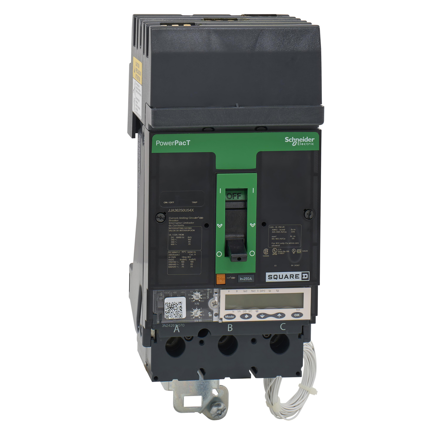 Circuit breaker, PowerPacT J, 250A, 3 pole, 600VAC, 25kA, I-Line, Micrologic 6.2E, 80%, ABC