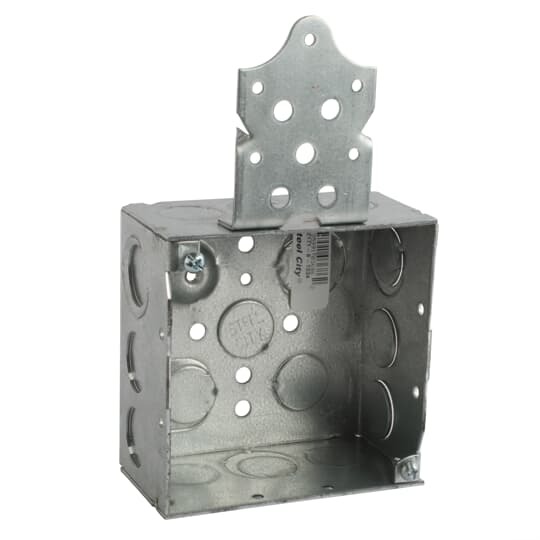 Square Box, 30.3 Cubic Inches, 4 Inch Square x 2-1/8 Inches Deep, 1/2 Inch and 3/4 Inch Eccentric Knockouts, Pre-Galvanized Steel, Welded Construction, B Bracket, For use with Conduit