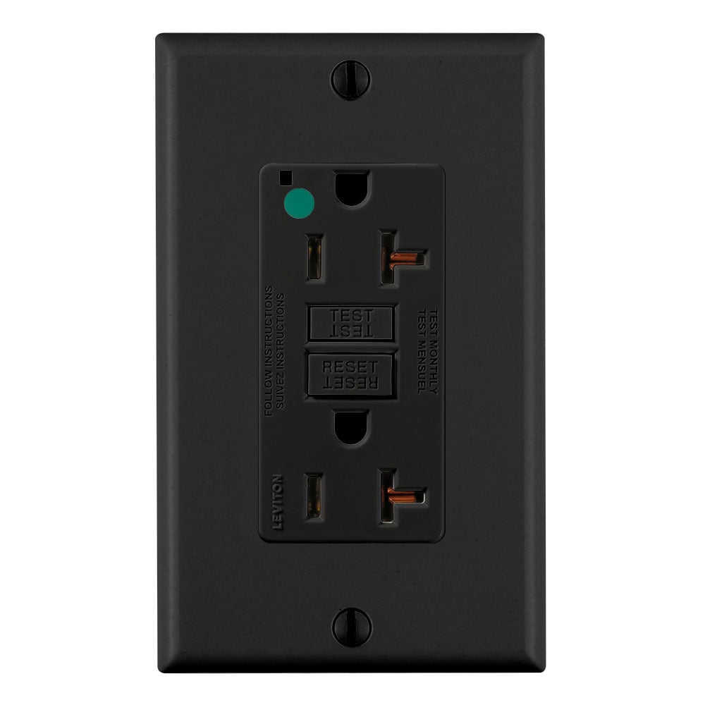 20 Amp, 125 Volt, SmartlockPro Slim Self-Test GFCI Receptacle, Extra-Heavy Duty Hospital Grade, NEMA 5-20R, 20A Feed-Through, 2P, 3W, Matching Wallplate Included - BLACK