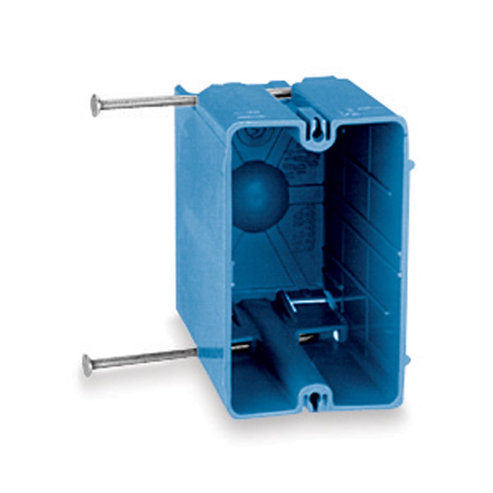 One-Gang Nail-On New Work Box, Volume 22.5 Cubic Inches, Length 3-21/32 Inches, Width 2-5/16 Inches, Depth 3-3/8 Inches, Color Blue, Material PVC, Mounting Means Recessed Angled Nails, Fast-Set