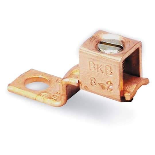 Type BTC - Copper Single-Conductor, One-Hole Mount (Offset-Tang), Conductor Range 2 Str-1/0 Str, Length 1-25/32 Inches, Width 5/8 Inch, Height 1-13/32 Inches, 17/64 Inch Bolt Hole