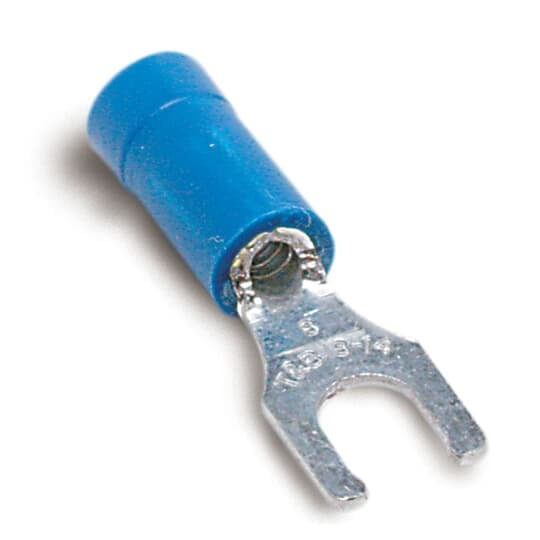 Vinyl Insulated Locking Fork Terminal, Length .97 Inches, Width .25 Inches, Maximum Insulation .170, Bolt Hole #6, Wire Range #18-#14 AWG, Color Blue, Copper, Tin Plated, 1,000 Pack