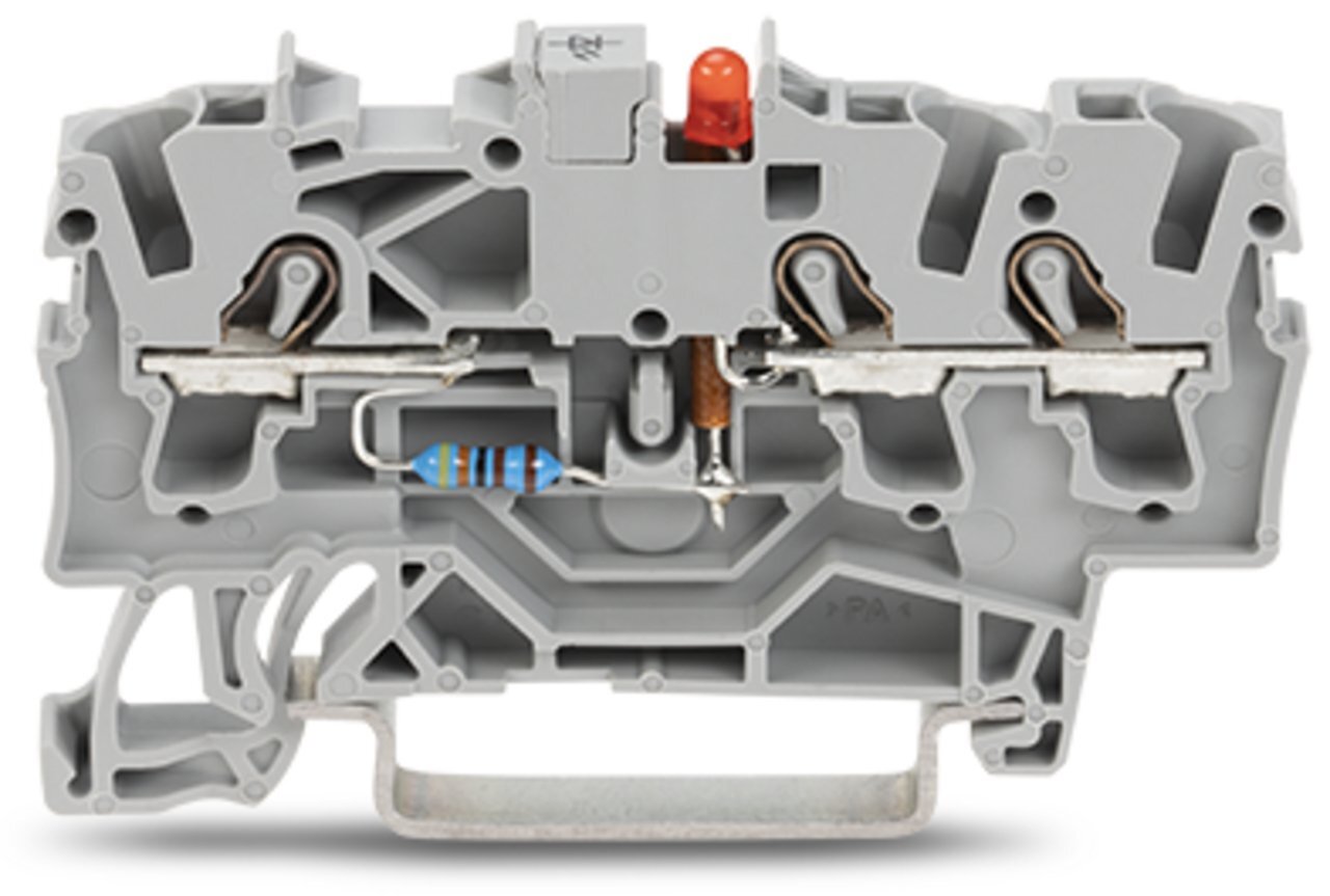 Component terminal block; 3-conductor; LED (red); 24 VDC; for DIN-rail 35 x 15 and 35 x 7.5; 2.5 mm; Push-in CAGE CLAMP; 2,50 mm; gray