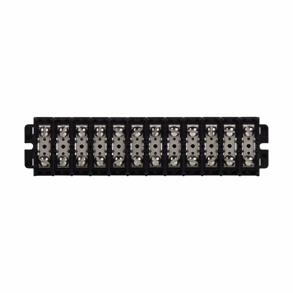 Eaton Bussmann KU series panel mount terminal block connector, 600 V, 60 A, Double row, 12-pole, 10-32 TPI Screw, Black, Nickel-plated brass terminal