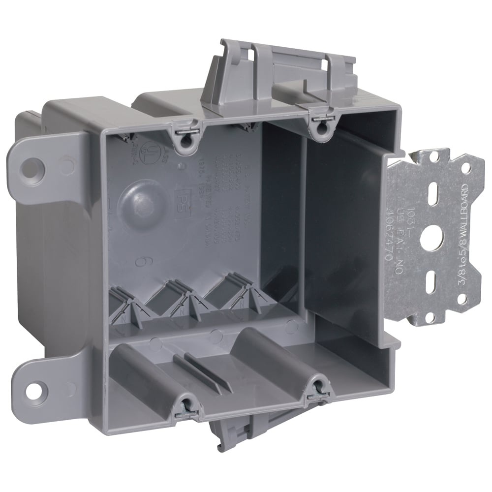 Double Gang, Wood and Steel Stud Bracket Box with Quick/Click, 3/8 offset for wood and steel stud mounting. Four Auto/Clamps on each end. For use with 3/8 to 5/8 wallboard. 50 pack.
