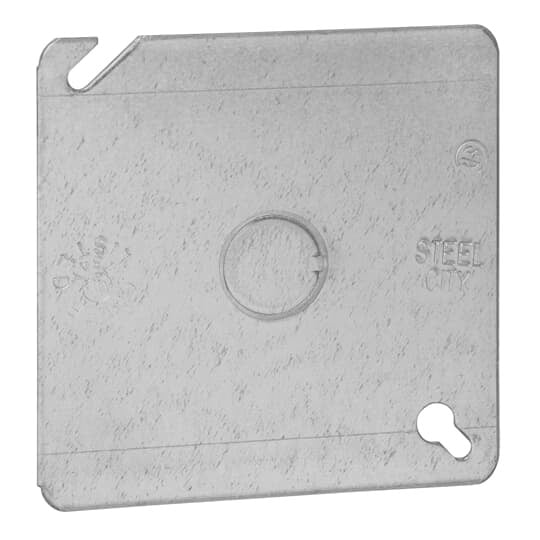 Square Box Cover, 4 Inch Square x 1 Inch Raised, 1/2 Inch Knockout, Pre-Galvanized Steel, Flat