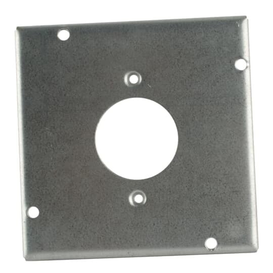 Square Box Surface Cover, 7.5 Cubic Inches, 4-11/16 Inch Square x 1/2 Inch Deep, 1-11/32 Inch Diameter Hole, Galvanized Steel, For use with One 4-Wire Twist-Lock Single Receptacle