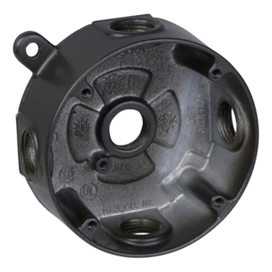 Round Outlet Box, 16.3 Cubic Inches, 4-1/8 Inch Diameter, Hub Size 1/2 Inch, Bronze, Aluminum, with 5 Outlets, Four on the Sides and One in Back, Pack of 8