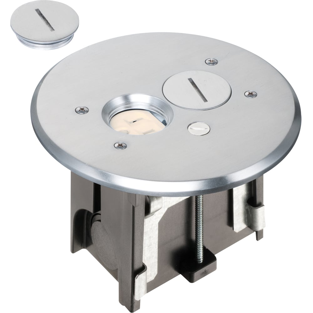 Round Metallic adjustable floor box. Nickel with threaded plugs. Includes tamper resistant duplex receptacle, cover plate with gasket and Arlington NM94 connector and Arlington NM900 knockout plug.