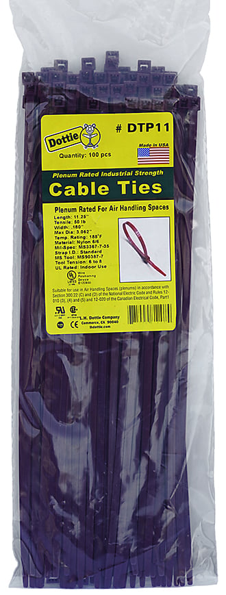 Air Handling Cable Ties, 0.18 in. width, 11.25 in. length, 0.052 in. thickness, 3.062 in. bundle diameter, Nylon material, Burgundy, 50 lb. tensile strength