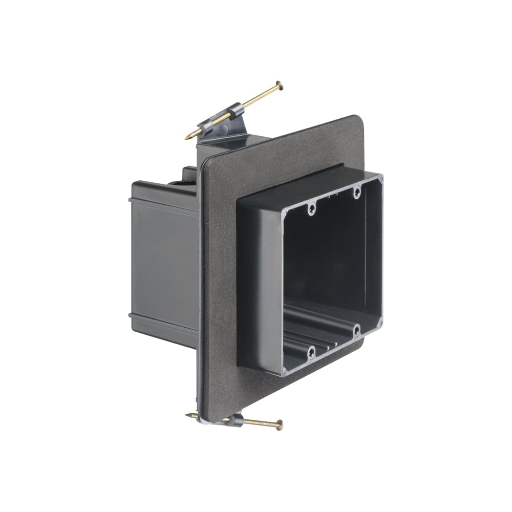 Versatile non conductive outlet box for new construction, two gang nail on for double drywall. 53 cu inches.