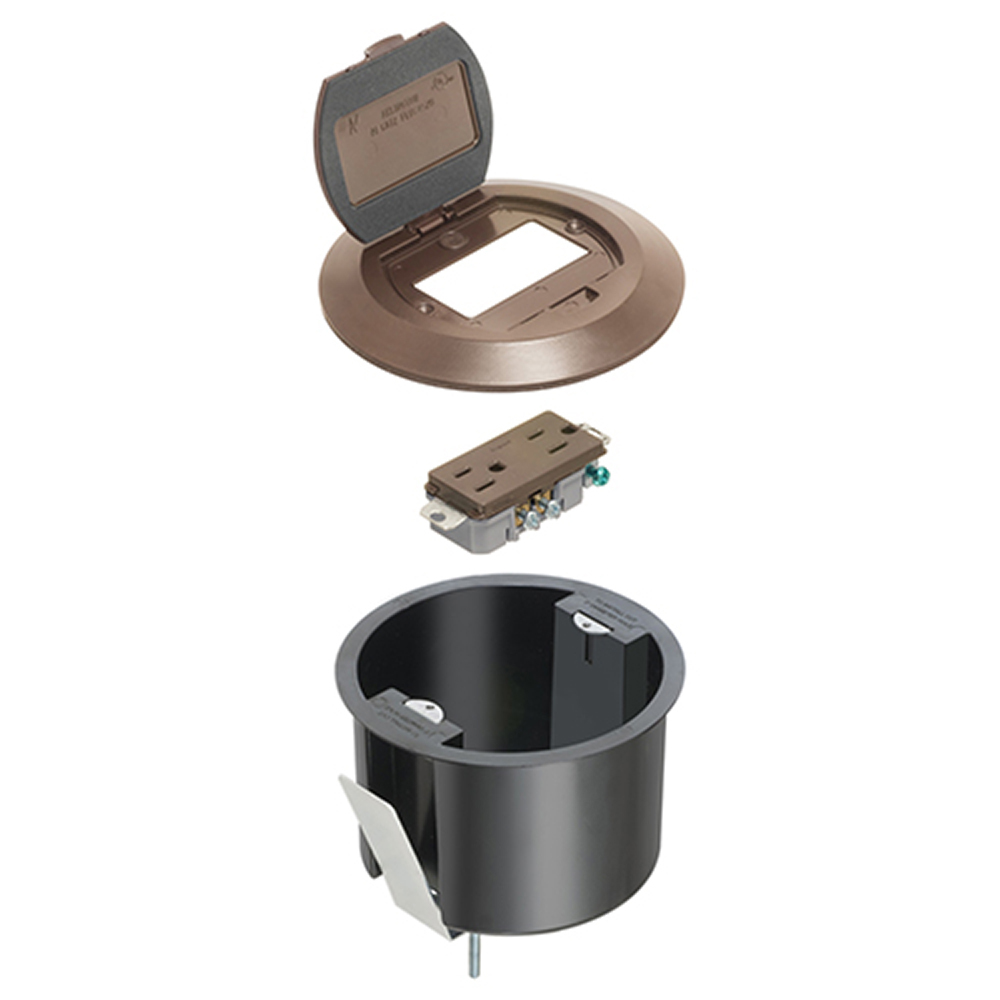 One piece non metallic box with steel bracket and plastic cover. Color Brown. Comes with decorator style receptacle and a single flip lid.