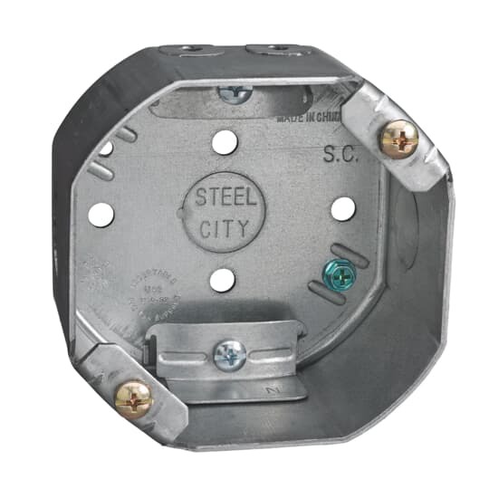 Octagon Ceiling Fan Support Box, 22.5 Cubic Inches, 4 Inch Diameter x 2-1/8 Inches Deep, 1/2 Inch Knockouts, Pre-Galvanized Steel, Drawn Construction, Non-Metallic Cable Clamp (C-5), For use with Non-Metallic Sheathed Cable