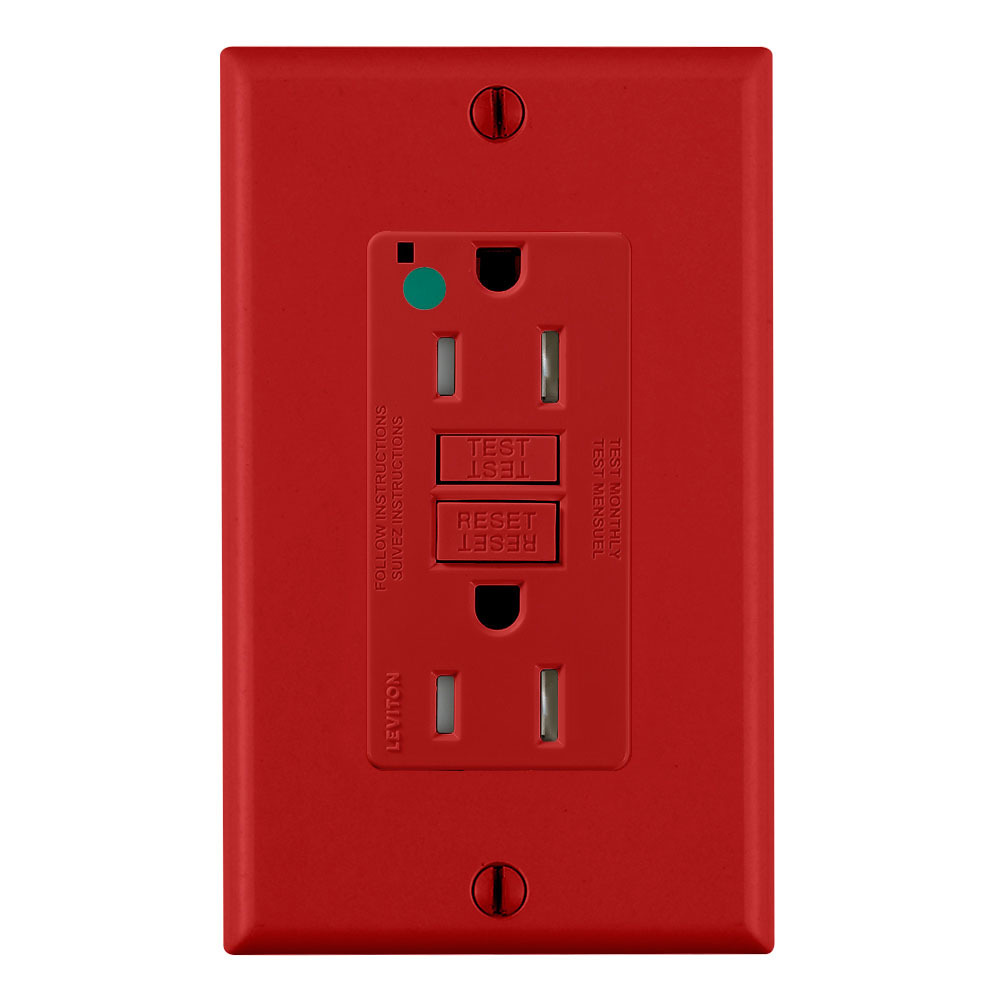 15 Amp, 125 Volt, SmartlockPro Slim Self-Test GFCI Receptacle, Extra-Heavy Duty Hospital Grade, Tamper-Resistant, NEMA 5-15R, 20A Feed-Through, 2P, 3W, Matching Wallplate Included - RED