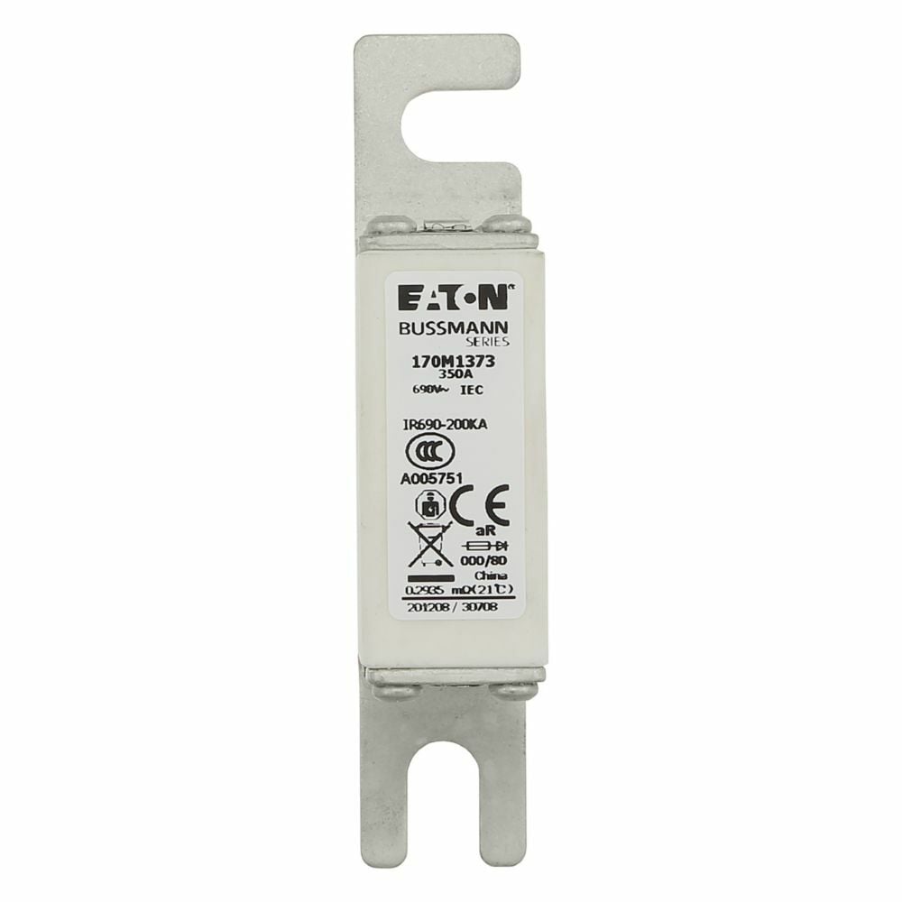Eaton Bussmann series high speed square body fuse, 700V (UL), 690V (IEC), 350A, 200 kAIC, Top fuse status indicator, Fuse, Blade end X Din 43-620 blade end, Class aR, DIN 43 620