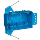 Three-Gang Nail-On New Work Outlet Box, Volume 44 Cubic Inches, Length 5-5/8 Inches, Width 3-3/4 Inches, Depth 2-11/16 Inches, Color Blue, Material PVC, Mounting Means Captive Nails and Bracket Support