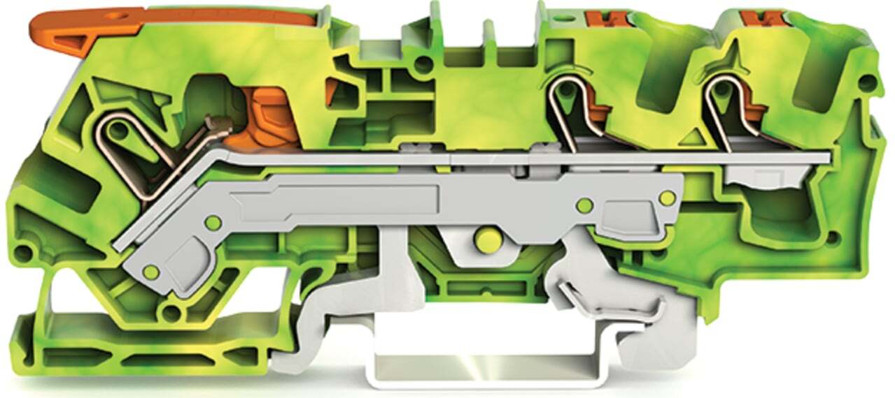 3-conductor ground terminal block; with lever and push-button; 6 mm; with test port; side and center marking; for DIN-rail 35 x 15 and 35 x 7.5; Push-in CAGE CLAMP; 6,00 mm; green-yellow