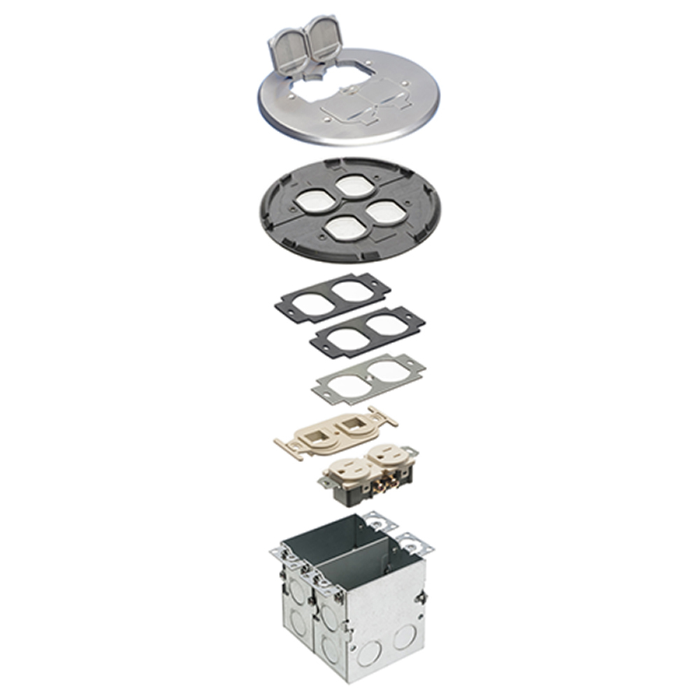 A combination floor box kit with installed low voltage divider. Includes four flip lids and gasket, One low voltage device and one 110v receptacle. Round Nickel Plated Cover.