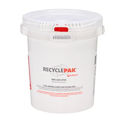 Dimensions: Top Diameter: 11.45", Bottom Diameter: 10.15", Height: 14.09" Capacity: 55 lbs. or 45-90 small to medium CFLs or LEDs. DO NOT EXCEED the UN rated weight of 55 lbs. Includes: UN rated, DOT approved container with locking lid, 4 mil poly liner, liner tie, instructions, terms and conditions, proof of purchase, prepaid return shipping with label, recycling and online certificate of acceptance for recycling. Restrictions: Lower 48 contiguous states only. Not for export.