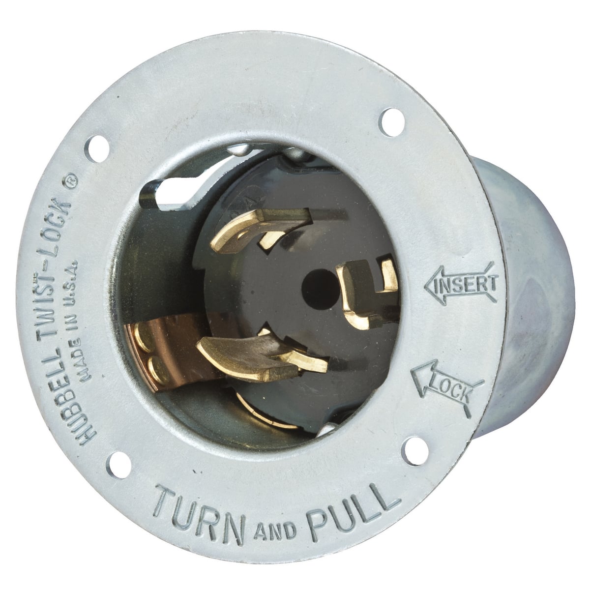 Locking Devices, Twist-Lock, Industrial, Flanged Inlet, 50A, 125V, 2-Pole 3-Wire Grounding, Non-NEMA, Screw Terminal, Steel