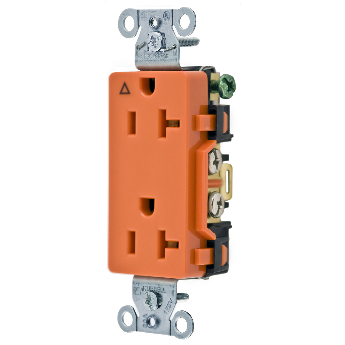 Straight Blade Devices, Receptacles, Decorator Duplex, Commercial Grade, Corrosion Resistant, Smooth Face, 20A 125V, 2- Pole 3-Wire Grounding, 5-20R, Back and Side Wired, Orange.