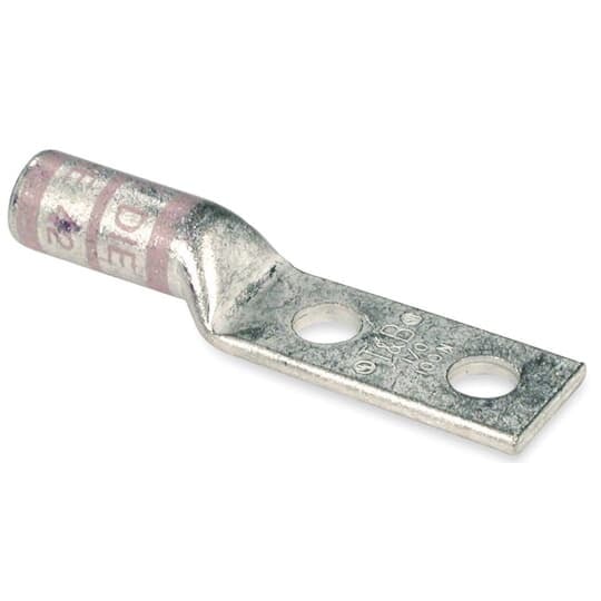 Copper Two-Hole Lug, Long Barrel, Blind End, Max 35kV, Wire Size 1/0 AWG, 1/2 Inch Bolt Size, 1-3/4 Inch Hole Spacing, Tin Plated, Die Color Code Pink, Die Code 42