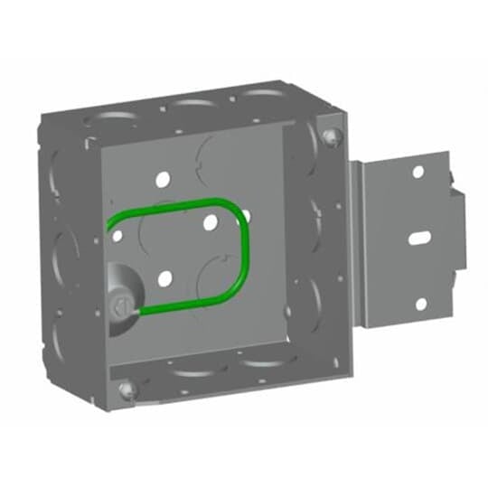 Square Box, 30.3 Cubic Inches, 4 Inch Square x 2-1/8 Inch Deep, 1/2 Inch and 3/4 Inch Eccentric Knockouts, Pre-Galvanized Steel, Welded Construction, Metal Stud Bracket and 10-1/2 Inch #12 AWG Solid Ground Wire Pigtail, For use with Conduit