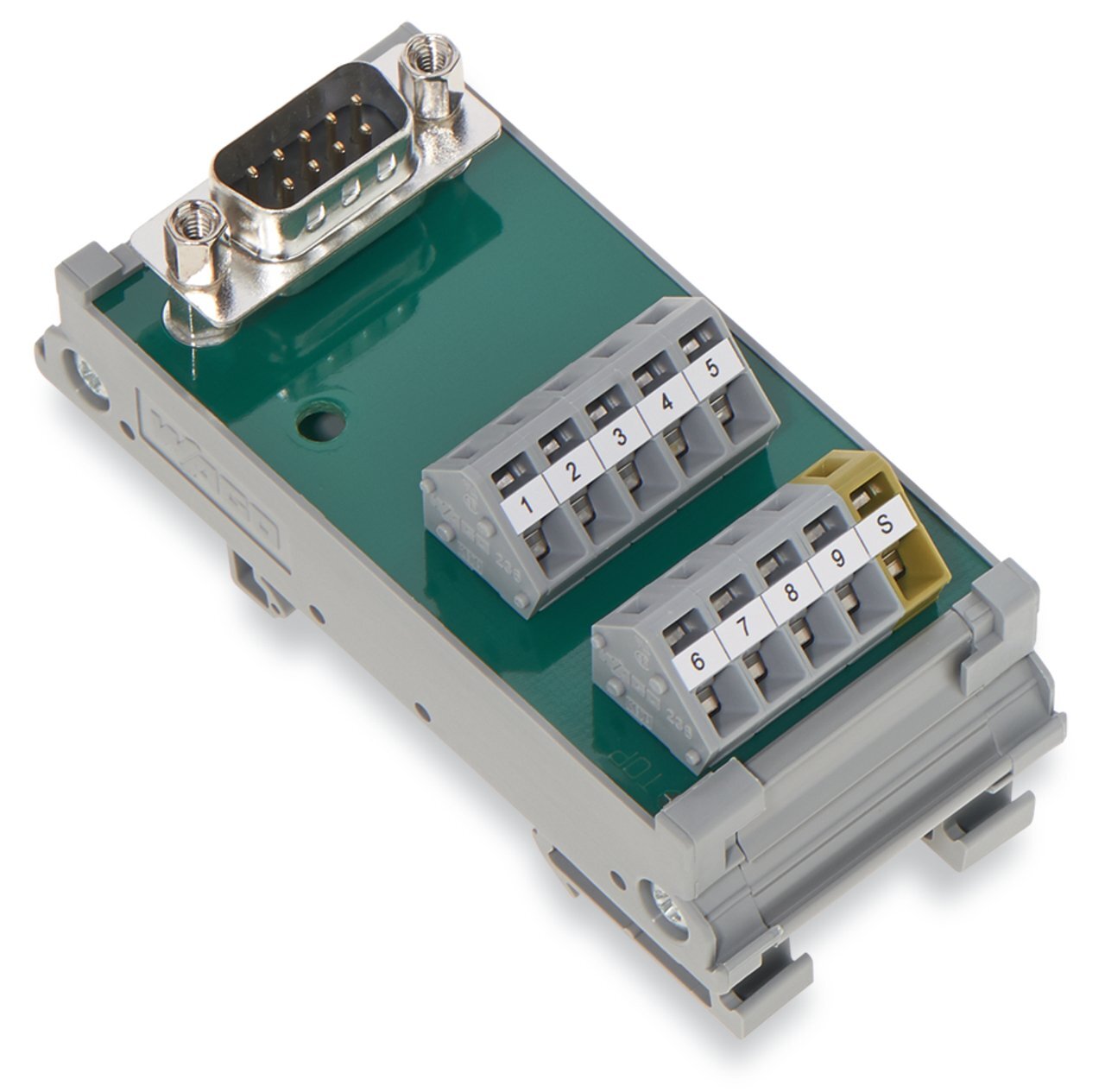 Interface module; with solder pin; Male connector; 9-pole; Mating connector with solder connection; Vertical mounting; PCB terminal blocks, double-row; in mounting carrier; with shield connection; 2,50 mm