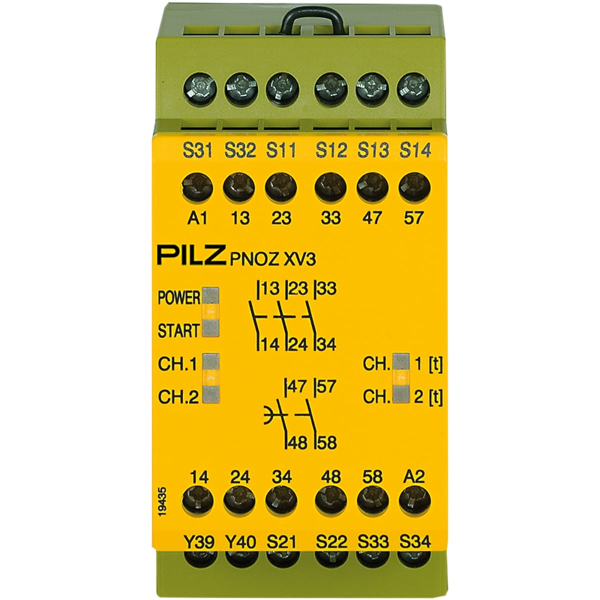 Safety Relay, 1/2-Channel Wiring with/without Detection of Shorts Across Contacts, 3 N/O, 2 N/Ot-d, UB = 24 VDC, 45mm, Screw Terminals Integrated, E-STOP Monitoring, Safety Gates with 2 Delay-on De-Energization Contacts, Release Time 0.5s Fixed