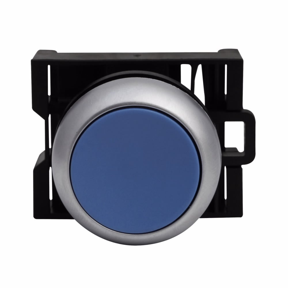 Eaton 22.5 mm RMQ-Titan Pushbutton,Blue Actuator,Silver bezel,IP67, IP69K,Non-Illuminated,Flush mounting,NEMA 4X, 13,5,000,000 operations,Momentary,22.5 mm,Flush Pushbutton,M22