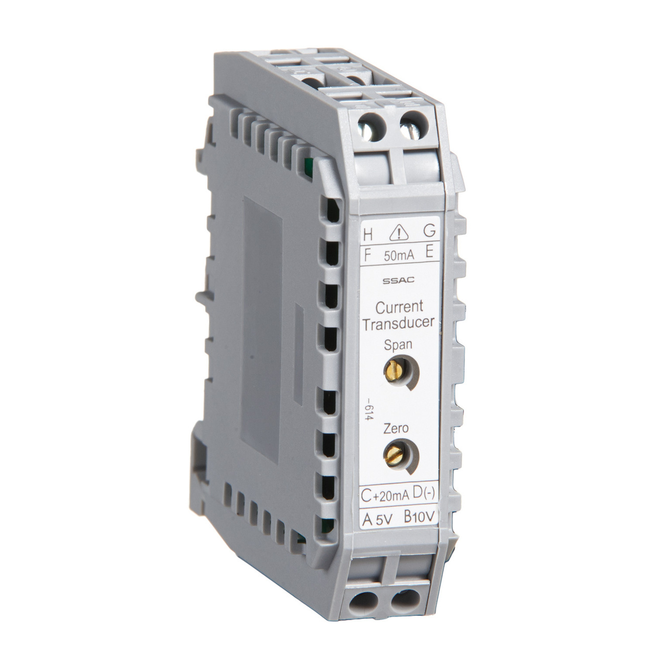 The DCSA Series is a loop-powered, linear output current transducer that provides an output that is directly proportional to the RMS AC current passing through the LCSC10T12 sensor. The DCSA provides either an analog current or voltage: 4 - 20 mA, 1 to 5VDC, or 2 to 10VDC. Each unit is factory calibrated for monitoring (with the LCSC10T12 connected) in one of four ranges; 0 - 5, 0 - 10, 0 - 20, or 0 - 50A. Zero and span adjustments allow field calibration if needed. The DCSA mounts on both DIN 1 and DIN 3 rails.