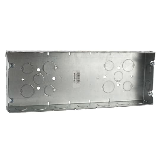Five Gang Box, 94.3 Cubic Inches, 4-9/16 Inches Long x 12-15/16 Inches Wide x 1-13/16 Inches Deep, 1/2 Inch and 3/4 Inch Knockouts, Galvanized Steel, Welded Construction, For use with Conduit
