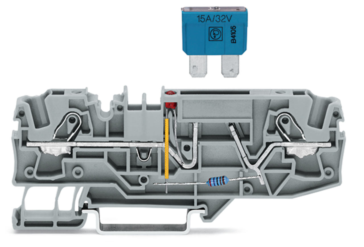 2-conductor fuse terminal block; for automotive blade-style fuses; with test option; with blown fuse indication by LED; 24 V; for DIN-rail 35 x 15 and 35 x 7.5; 6 mm; Push-in CAGE CLAMP; 6,00 mm; gray