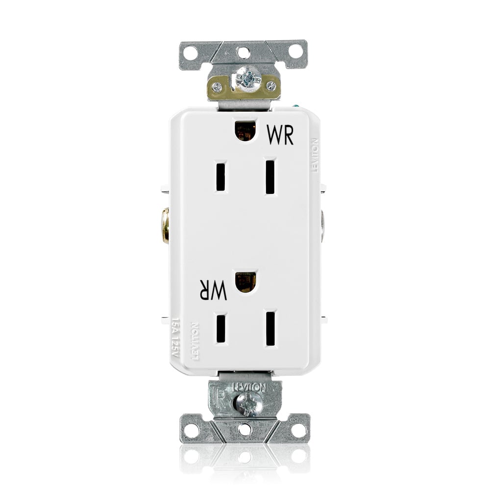 15 Amp, 125 Volt, NEMA 5-15R, 2P, 3W,Decora Plus DuplexReceptacle, Straight Blade, Fed Spec, Heavy Duty Industrial Specification Grade, Weather-Resistant, Tamper-Resistant, Self-Grounding, Back & Side Wired, Steel Strap  WHITE