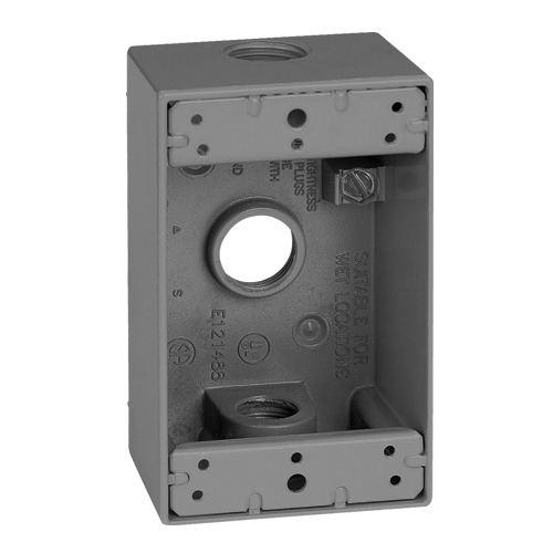 Single Gang Weatherproof Outlet Box 2 IN Deep With (3) 3/4 IN Hubs, (1) Top, (1)  Bottom, (1)  Back