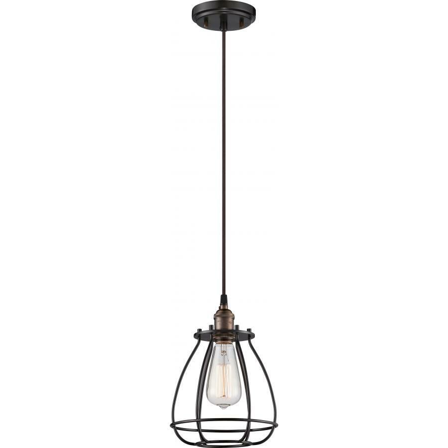 Vintage 1 Light Caged Pendant with Vintage Lamp Rustic Bronze