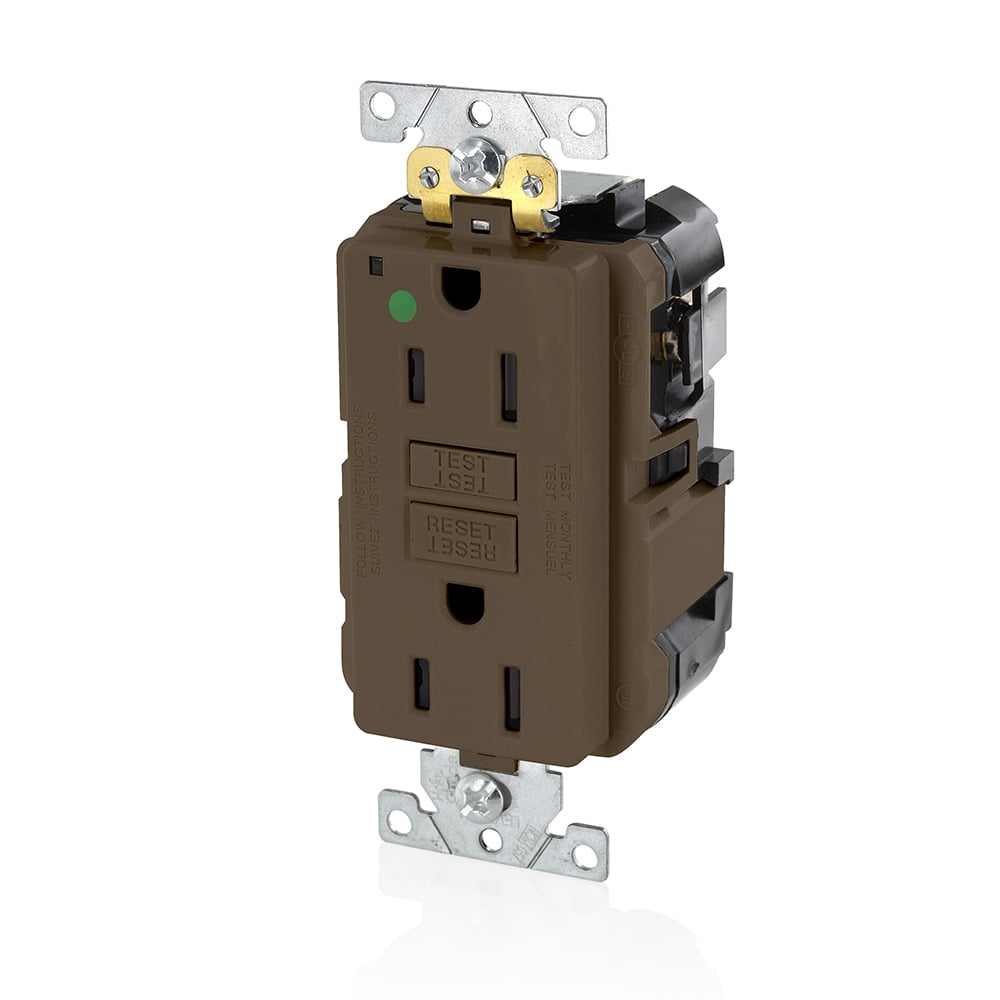 15 Amp, 125 Volt, SmartlockPro Slim Lev-Lok  Self-Test GFCI Receptacle, Extra-Heavy Duty Hospital Grade, 20A Feed-Through,NEMA 5-15R, 2P, 3W, Modular Terminals  BROWN