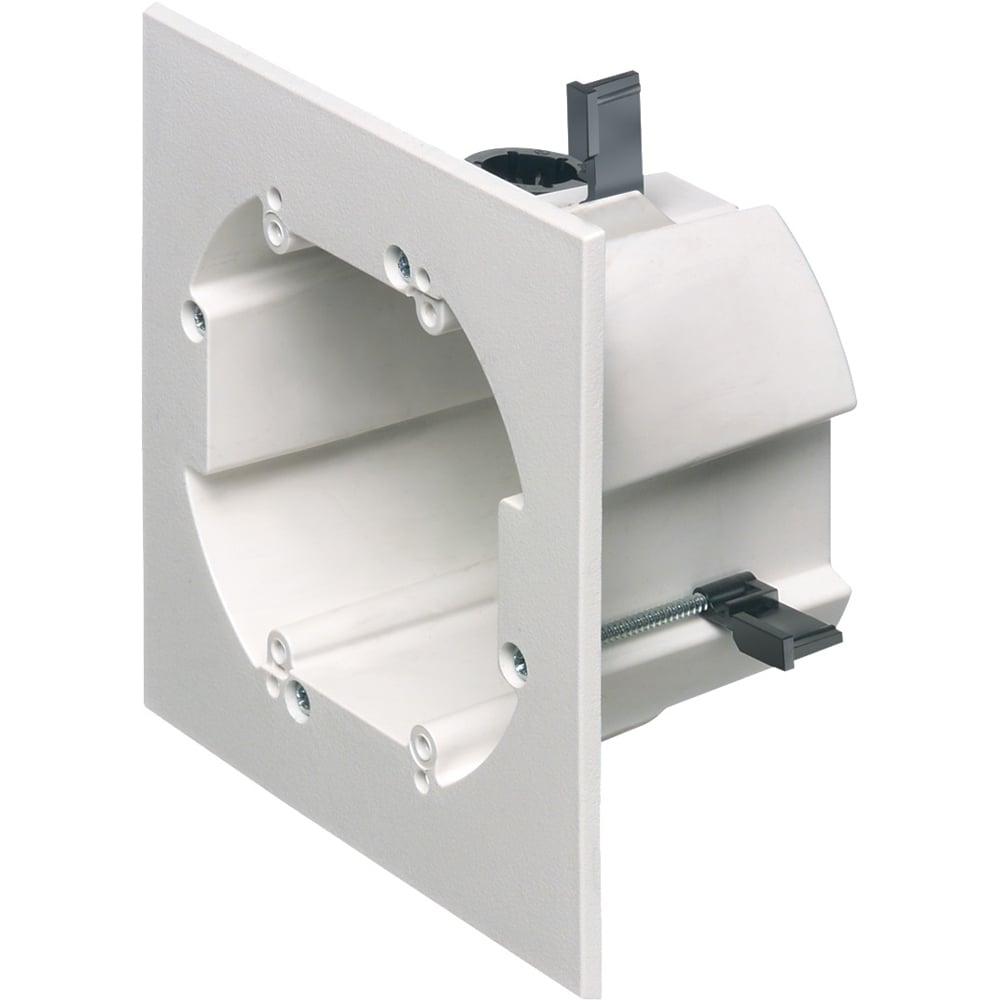 One piece two gang retrofit non-metallic box. installs with a 4-1/2" diameter hole saw. Adjusts to fit 3/4" to 1-1/2" wall thicknesses. 18.0 cu. in. Textured paintable front surface. 2 hour Fire Rating.