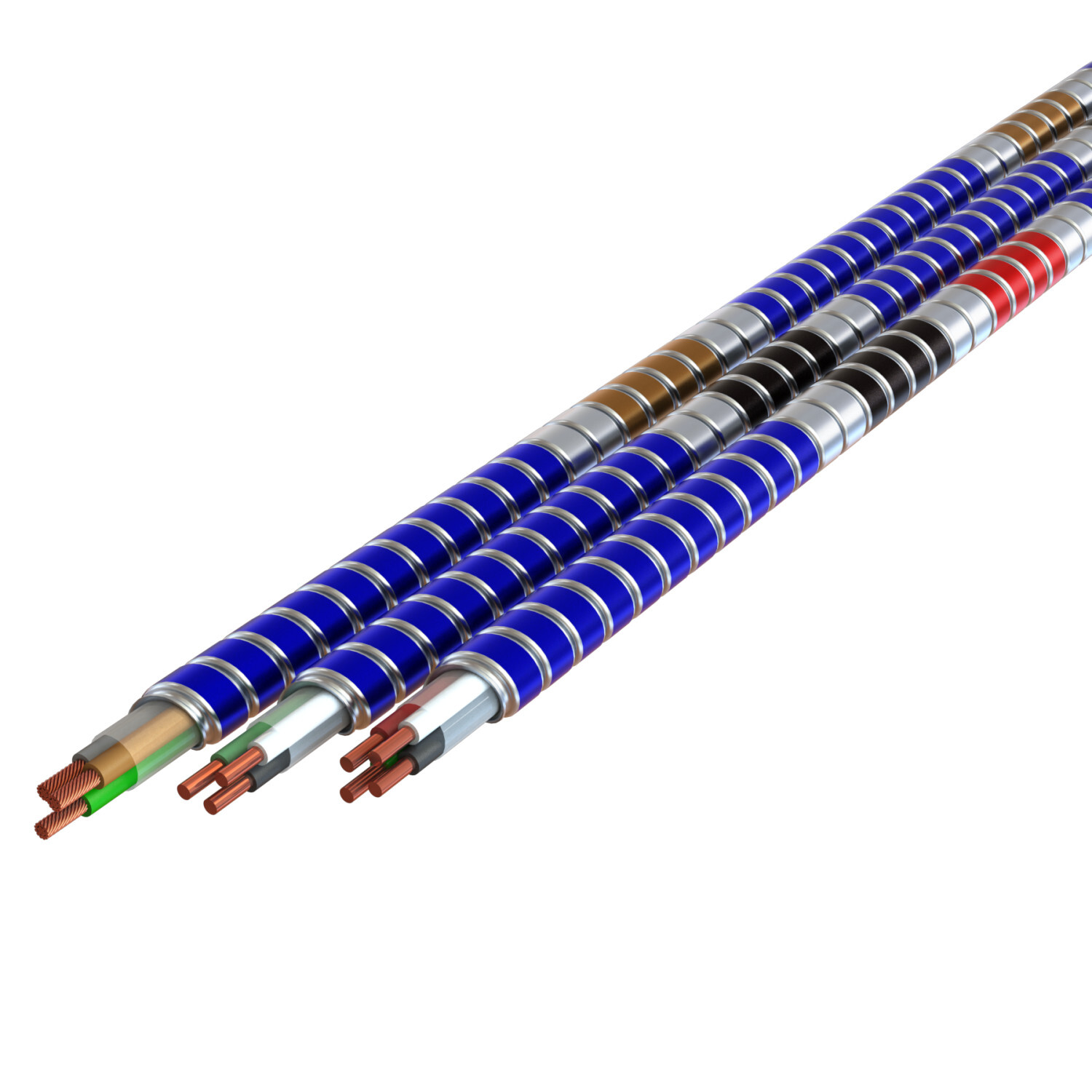 12-2 Solid Black, White, Green - MC Glide Tuff Blue Interlocked Galvanized Steel Armor w/Phase ID - Type MC - 250' Coil