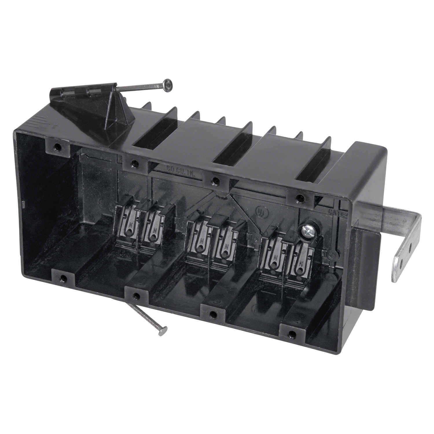 Four-Gang Nail-On Outlet Box, Volume 60 Cubic Inches, Length 3-3/4 Inches, Width 7-9/16 Inches, Depth 2-3/4 Inches, Color Black, Material Polycarbonate, Mounting Means Angled Side Nails and Back Bracket, with Cable Clamps