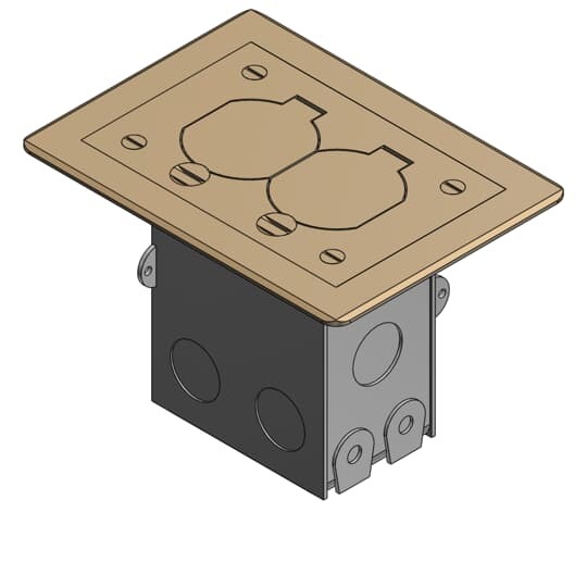 Single Gang Flush Service Residential Floor Box, 18 Cubic Inches, Length 3 Inches, Width 2 Inches, Depth 3-1/2 Inches, 1/2 Inch Knockouts, Galvanized Steel with Brass Cover, Duplex Receptalce 15A 125V, Tamper Reistant, with Insulated Ground Wire, For Wood, Ceramic Tile, or Carpeted Floor Applications