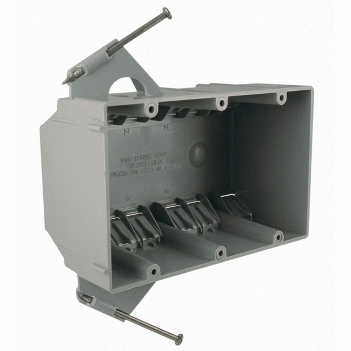Multi-gang with Captive Nails for Wood Studs - For NonmetallicSheathedCable, 2-3/4 In. Deep, Three-gang, Nails, 1/2 In. Setback