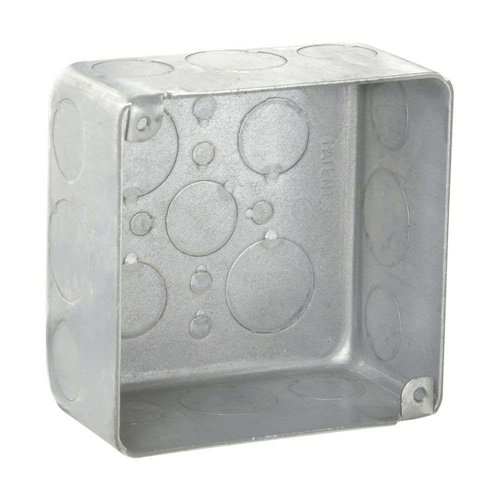 Eaton Crouse-Hinds series Square Outlet Box, (3) 1/2", (2) 3/4", 4", Conduit (no clamps), Drawn, 2-1/8", Steel, (8) 1/2", (4) 3/4", Air plenum, 30.3 cubic inch capacity