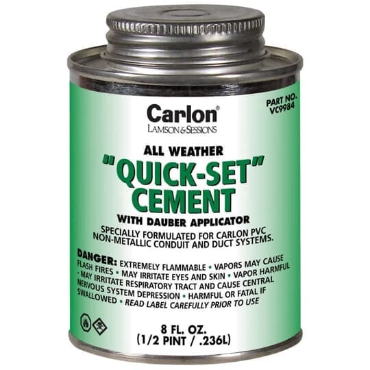 Gallon size all weather quickset clear cement.  Specially formulated for PVC Non-Metallic Conduit and Duct Systems.