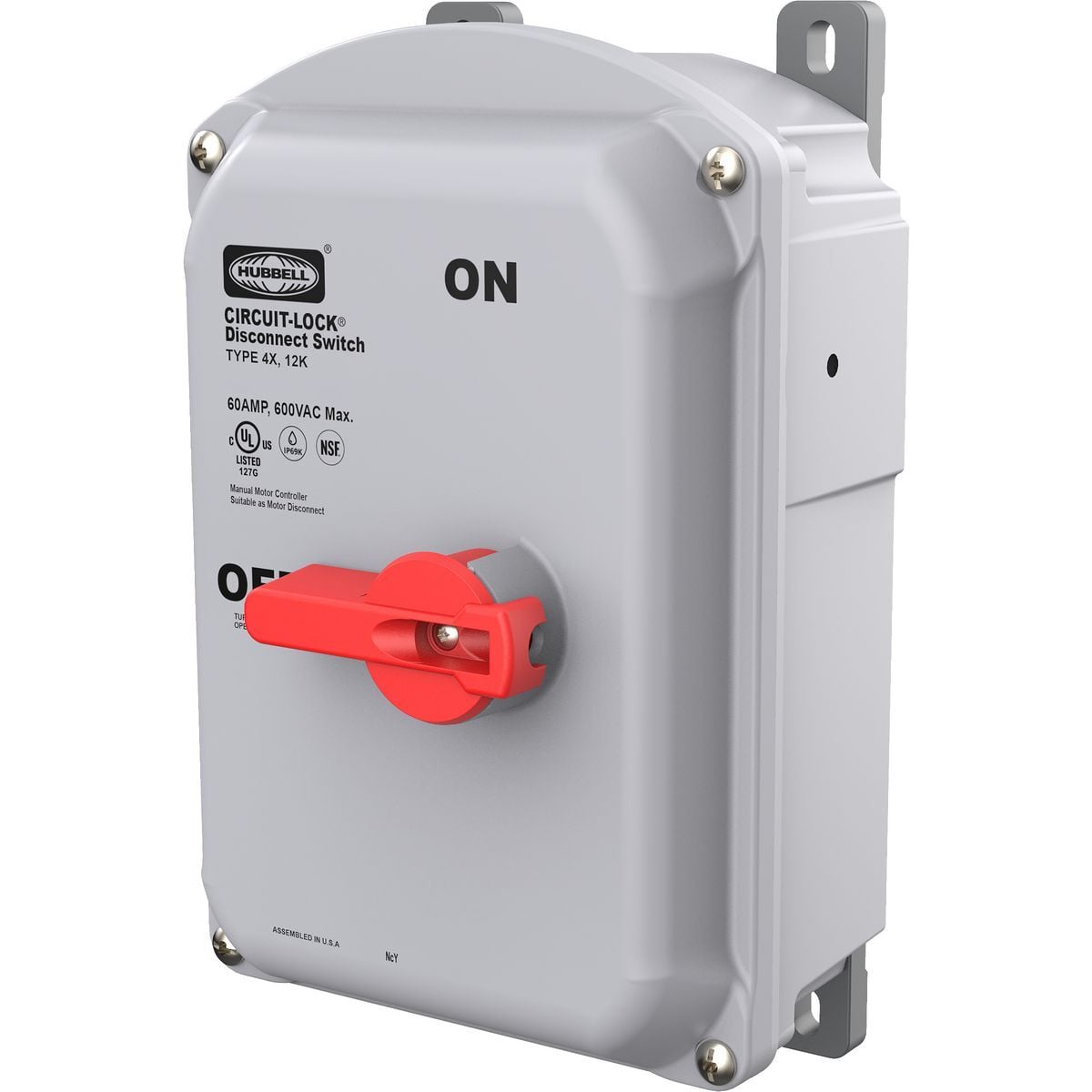 Industrial Grade, Motor Disconnect, Unfused, 3 Pole, 60A 600V AC, Screw Terminals, IP69k, NEMA Type 4X, 12 Non-Metallic Sloped Top Enclosure, AC1 Aux Contact, cULus, NSF, CE, UL 508 / UL 60947-4-1A