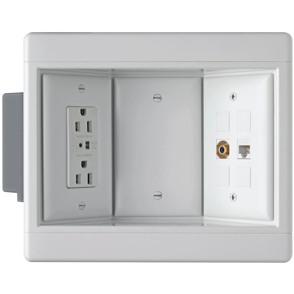 Ideal for flat screen TVs, home office, kitchen counter tops, and behind furniture to allow snug-to-wall placement. ThreeGang Recessed TV Box with TVSS and Low-Voltage Kit. Includes TVSS Duplex Receptacle, Cat5e Jack, F-Connector, Blanks and Wall Plates.