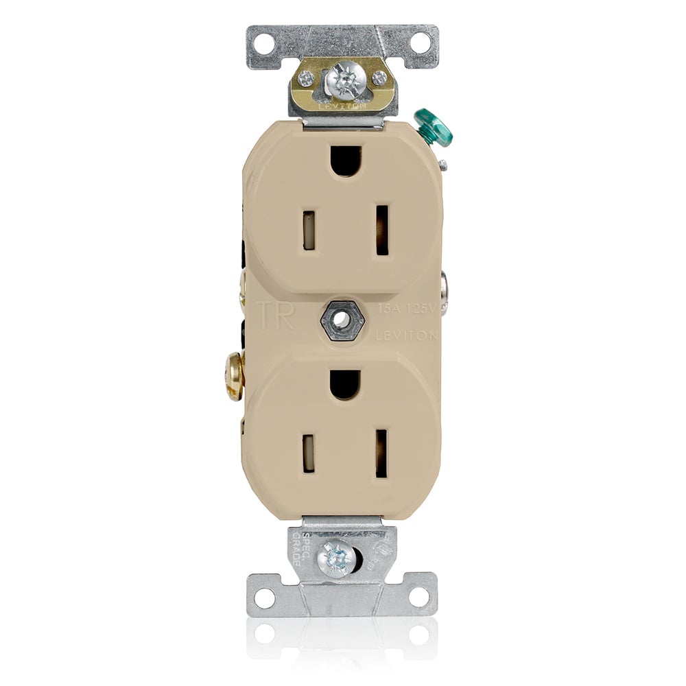 15 Amp, 125 Volt, NEMA 5-15R, 2P, 3W, Tamper Resistant, Narrow Body Duplex Receptacle, Straight Blade, Commercial Grade, Self Grounding, Back & Side Wired, Steel Strap, - IVORY