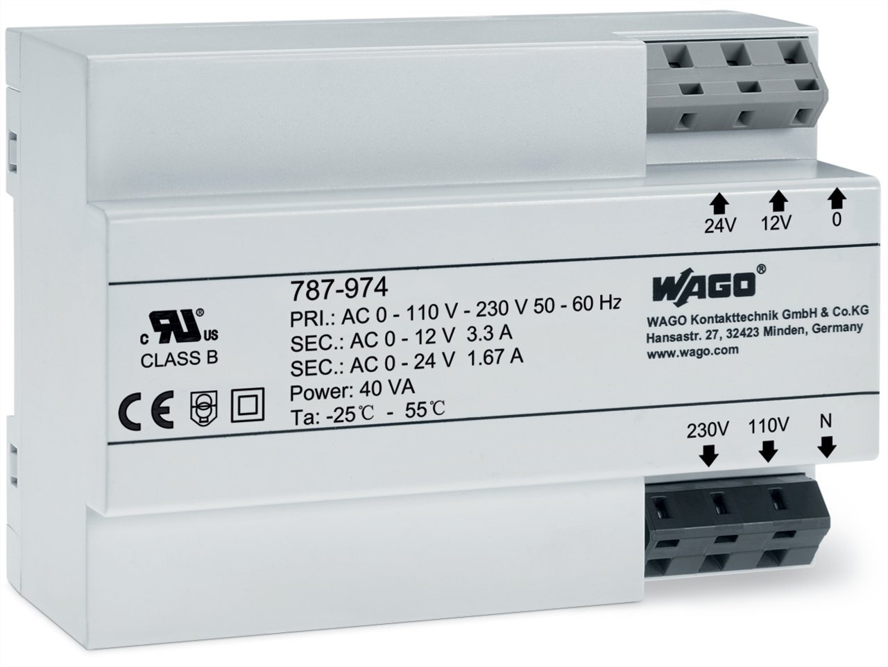 Transformer power supply; Input voltage: 230 VAC; Output voltage: 12  24 VAC; Output power: 40 VA