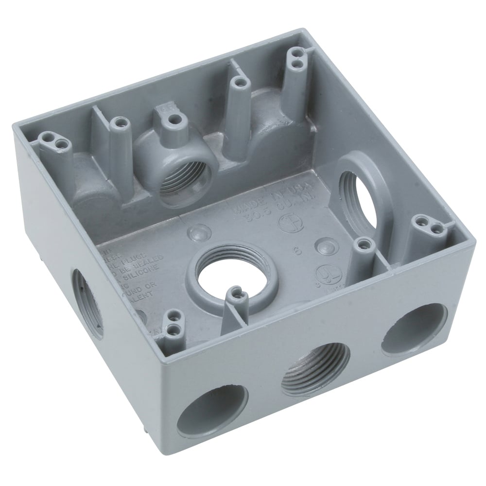 Weatherproof 2 Gang Box, 5 hole 3/4, 30.5 Cu.In.,Gray (1 Hole Each End, 1 Hole Each Side, 1 Hole in Back)